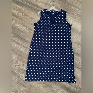 Lands End women’s sleeveless dress navy/white polka dots Large side slit pockets